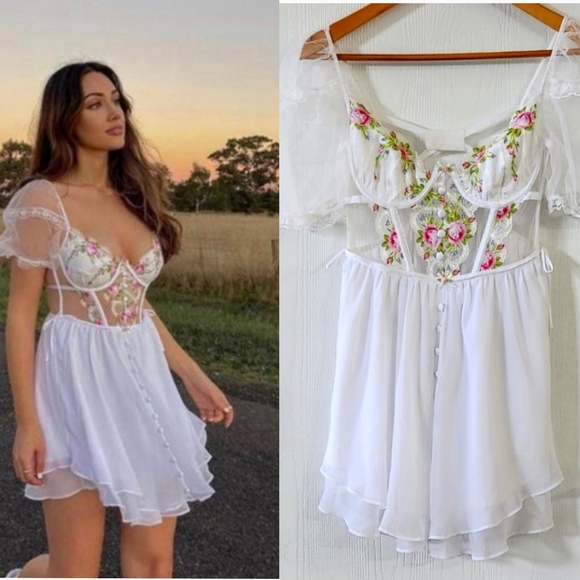 New! For Love And Lemons Trellis Rose Bustier White Mini Dress